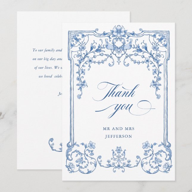 Victorian Ornate Grace Floral Dusty Blue Wedding Thank You Card (Front/Back)