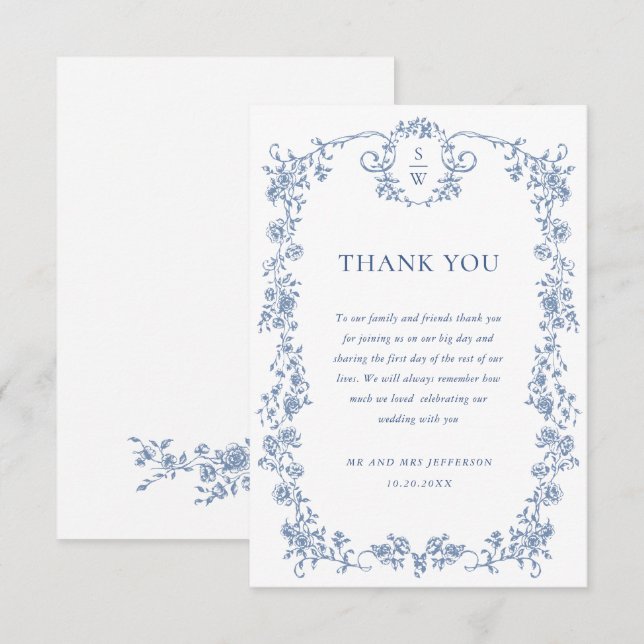Victorian Ornate Grace Floral Dusty Blue Wedding Thank You Card (Front/Back)