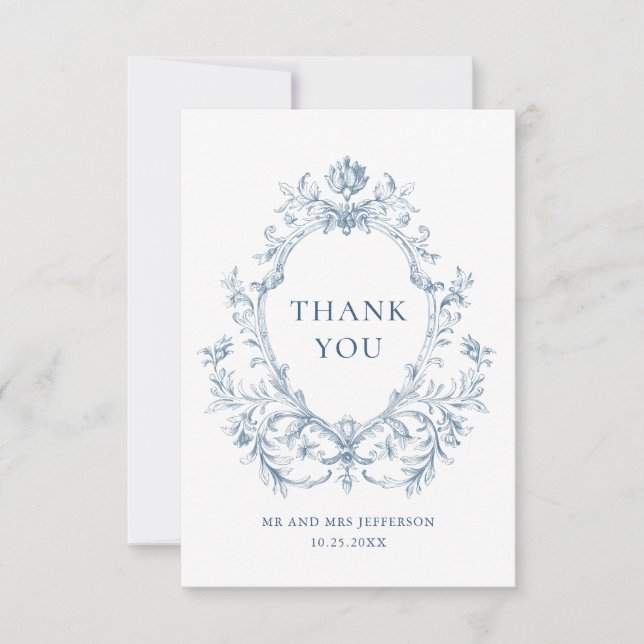 Victorian Ornate Grace Floral Dusty Blue Wedding Thank You Card (Front)
