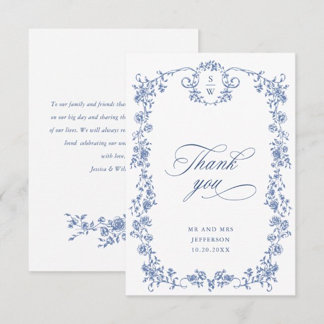 Victorian Ornate Grace Floral Dusty Blue Wedding Thank You Card (Front/Back)