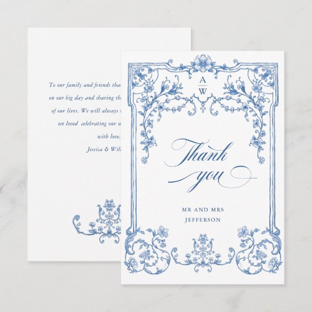 Victorian Ornate Grace Floral Dusty Blue Wedding Thank You Card (Front/Back)
