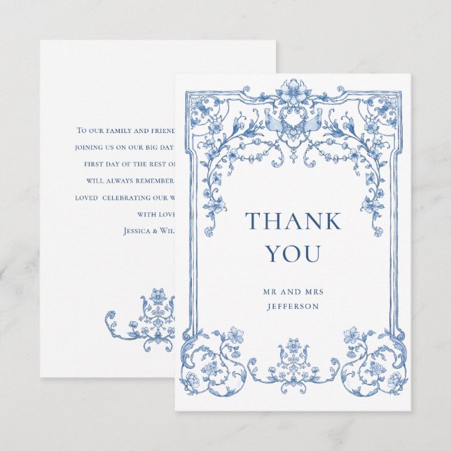 Victorian Ornate Grace Floral Dusty Blue Wedding Thank You Card (Front/Back)