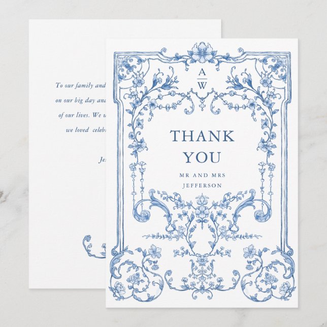 Victorian Ornate Grace Floral Dusty Blue Wedding Thank You Card (Front/Back)