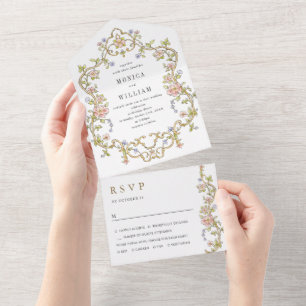 Victorian Ornate Grace Floral Frame Wedding All In One Invitation