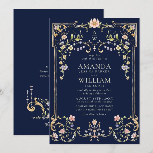 Victorian Ornate Grace Floral Frame Wedding Invitation (Front/Back)