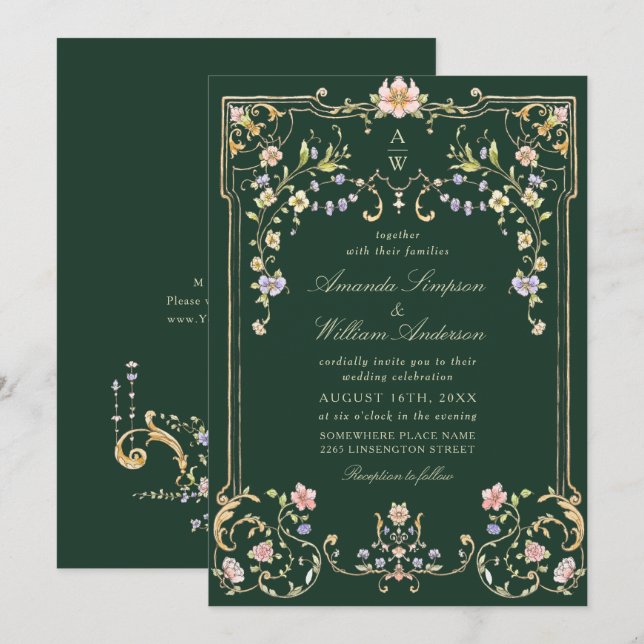 Victorian Ornate Grace Floral Frame Wedding Invitation (Front/Back)