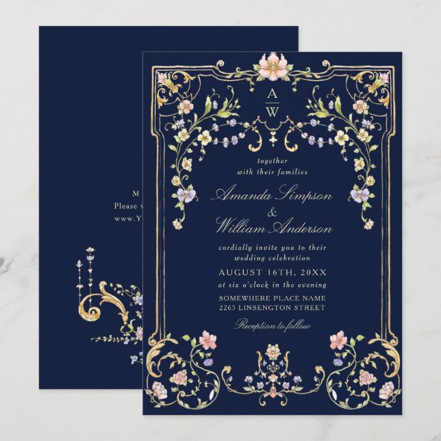 Victorian Ornate Grace Floral Frame Wedding Invitation (Front/Back)