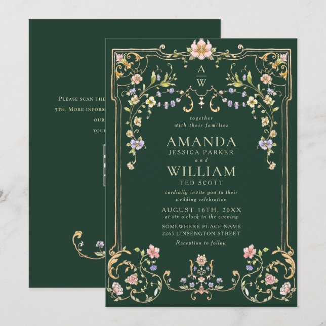 Victorian Ornate Grace Floral Frame Wedding Invitation (Front/Back)