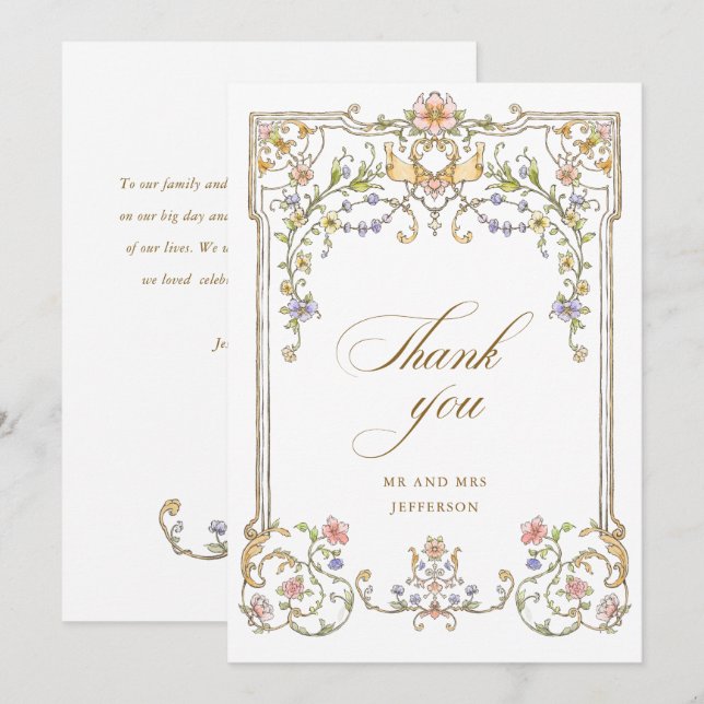 Victorian Ornate Grace Floral Frame Wedding Thank You Card (Front/Back)