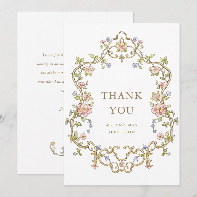 Victorian Ornate Grace Floral Frame Wedding Thank You Card (Front/Back)