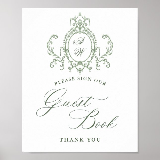 Victorian Ornate Grace Floral Green Guestbook Sign (Front)