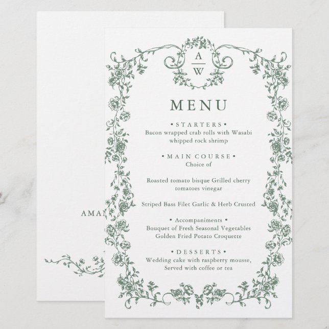 Victorian Ornate Grace Floral Green Wedding Menu (Front/Back)