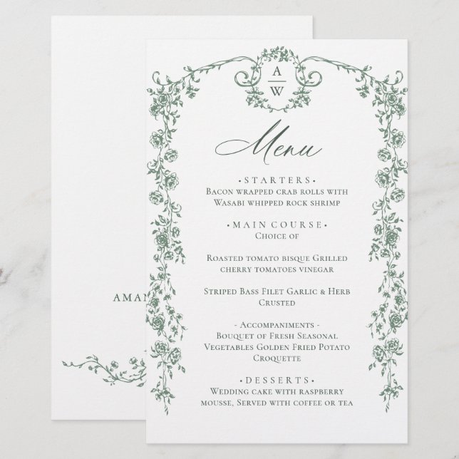 Victorian Ornate Grace Floral Green Wedding Menu (Front/Back)