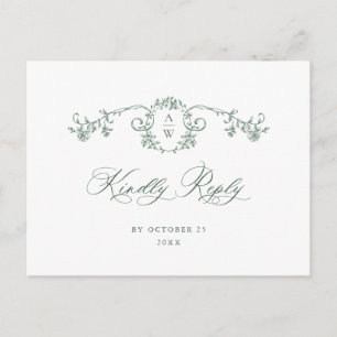 Victorian Ornate Grace Floral Green Wedding RSVP Postcard