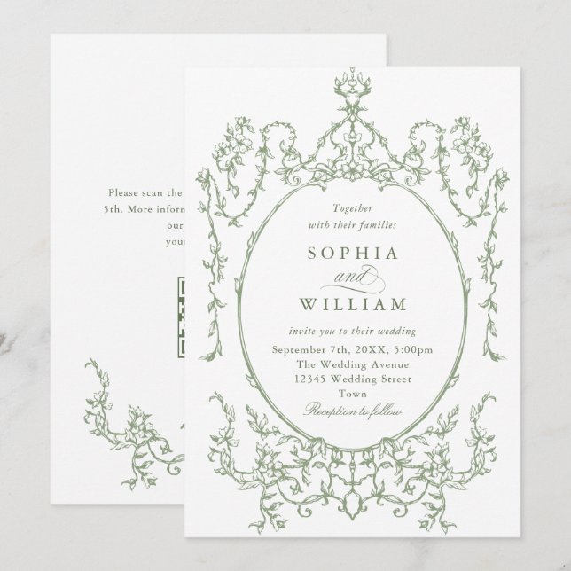 Victorian Ornate Grace Floral Sage Green Wedding Invitation (Front/Back)