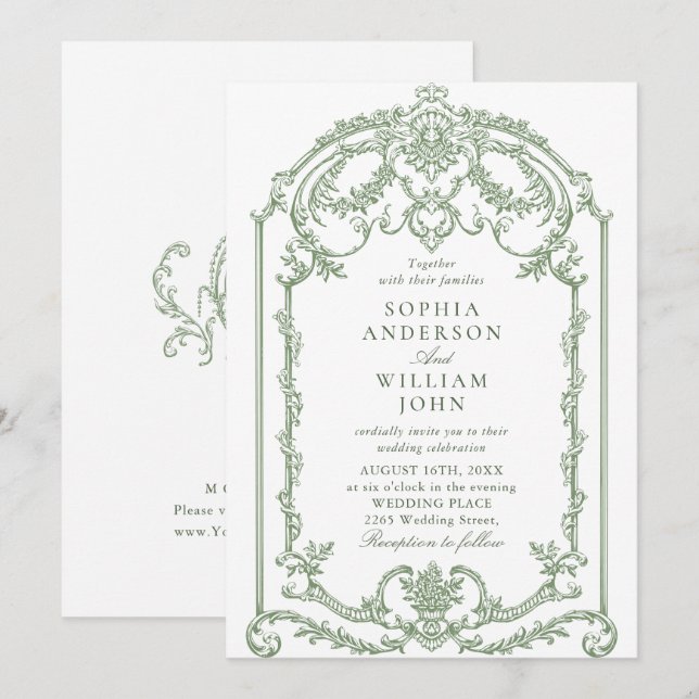 Victorian Ornate Grace Floral Sage Green Wedding Invitation (Front/Back)