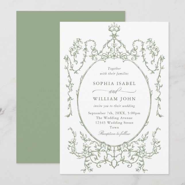 Victorian Ornate Grace Floral Sage Green Wedding Invitation (Front/Back)