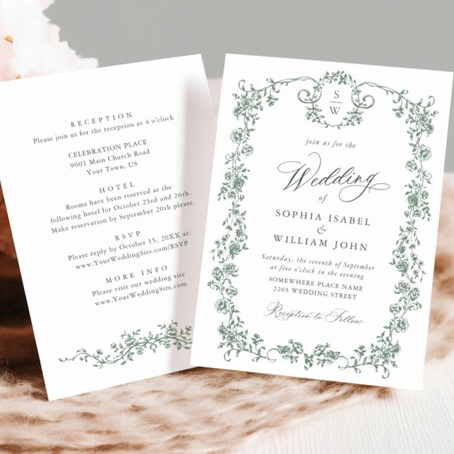 Victorian Ornate Grace Floral Sage Green Wedding Invitation (Creator Uploaded)