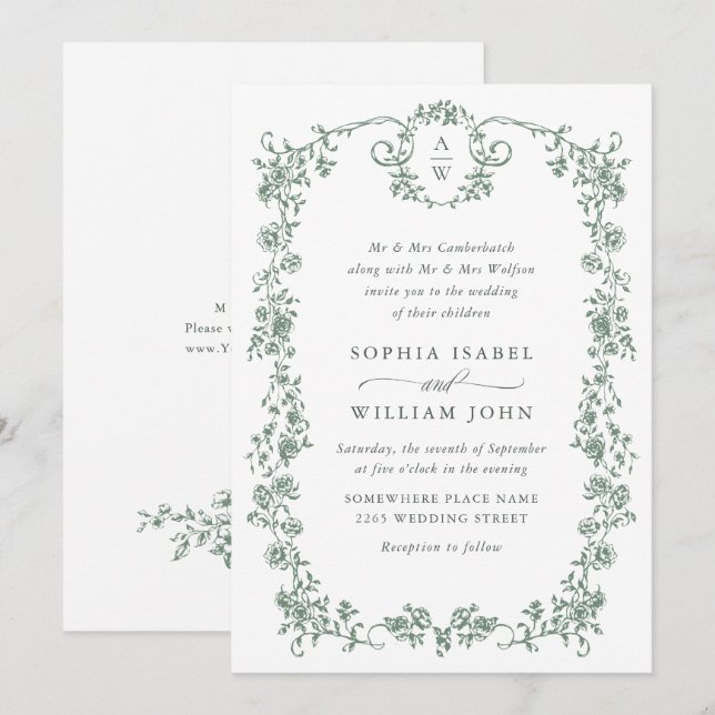 Victorian Ornate Grace Floral Sage Green Wedding Invitation (Front/Back)