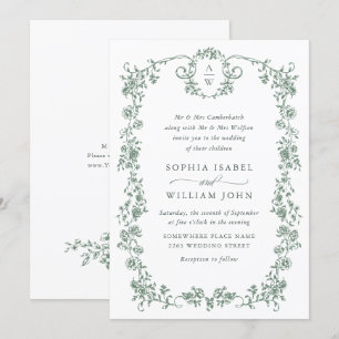 Victorian Ornate Grace Floral Sage Green Wedding Invitation