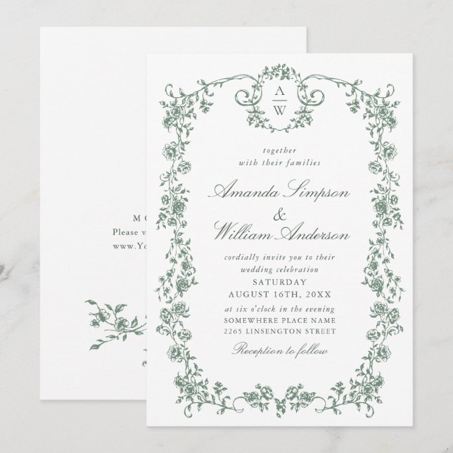 Victorian Ornate Grace Floral Sage Green Wedding Invitation (Front/Back)
