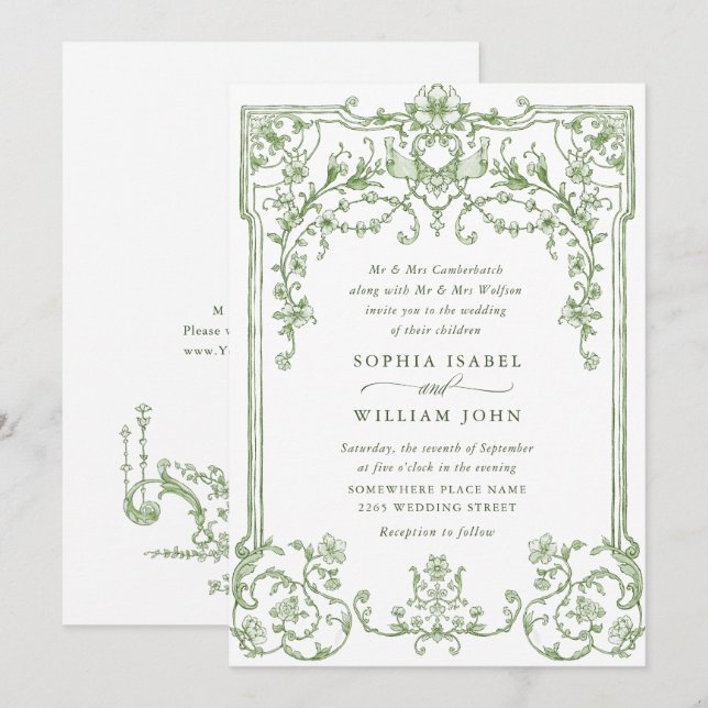 Victorian Ornate Grace Floral Sage Green Wedding Invitation (Front/Back)