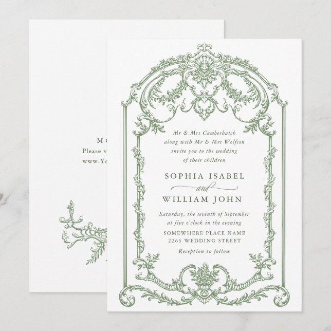 Victorian Ornate Grace Floral Sage Green Wedding Invitation (Front/Back)