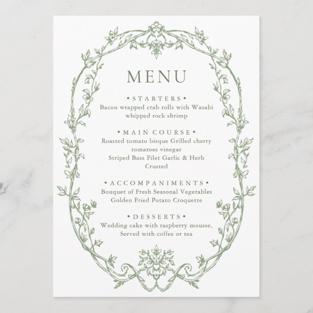 Victorian Ornate Grace Floral Sage Green Wedding Menu (Front)