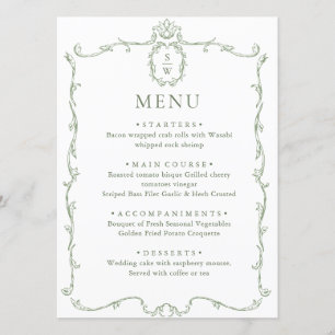 Victorian Ornate Grace Floral Sage Green Wedding Menu