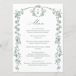 Victorian Ornate Grace Floral Sage Green Wedding Menu