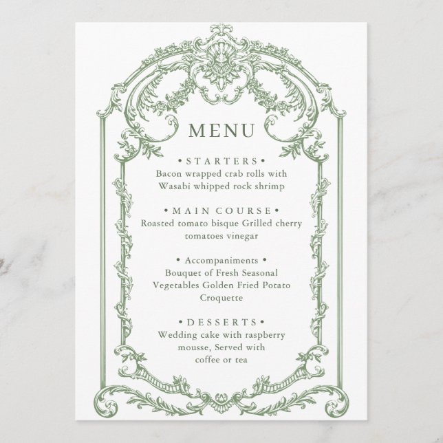 Victorian Ornate Grace Floral Sage Green Wedding Menu (Front)