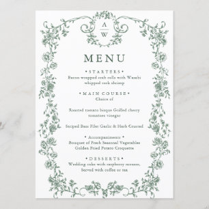 Victorian Ornate Grace Floral Sage Green Wedding Menu
