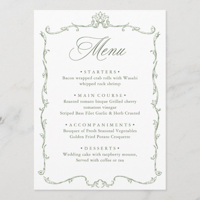 Victorian Ornate Grace Floral Sage Green Wedding Menu (Front)