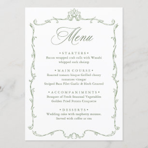 Victorian Ornate Grace Floral Sage Green Wedding Menu