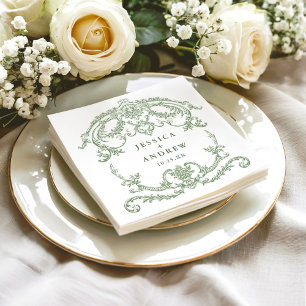 Victorian Ornate Grace Floral Sage Green Wedding Napkin