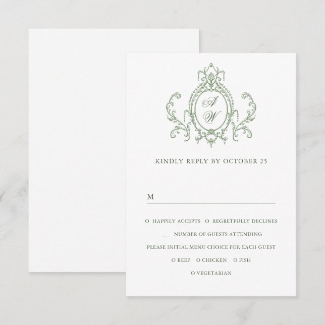 Victorian Ornate Grace Floral Sage Green Wedding RSVP Card (Front/Back)