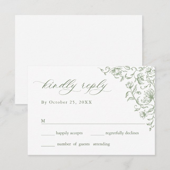 Victorian Ornate Grace Floral Sage Green Wedding RSVP Card (Front/Back)