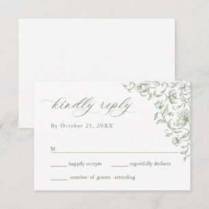 Victorian Ornate Grace Floral Sage Green Wedding RSVP Card