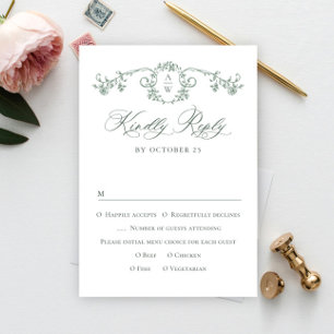 Victorian Ornate Grace Floral Sage Green Wedding RSVP Card