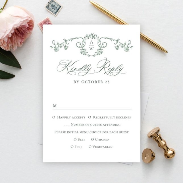 Victorian Ornate Grace Floral Sage Green Wedding RSVP Card (Creator Uploaded)