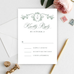 Victorian Ornate Grace Floral Sage Green Wedding RSVP Card