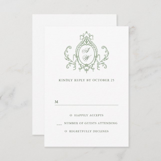 Victorian Ornate Grace Floral Sage Green Wedding RSVP Card (Front/Back)