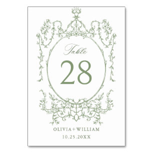 Victorian Ornate Grace Floral Sage Green Wedding Table Number