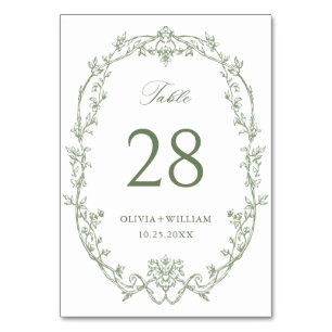 Victorian Ornate Grace Floral Sage Green Wedding Table Number