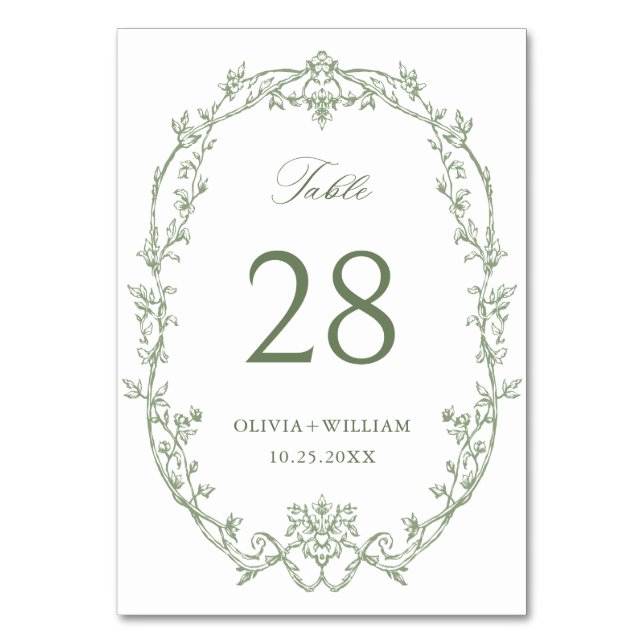 Victorian Ornate Grace Floral Sage Green Wedding Table Number (Front)