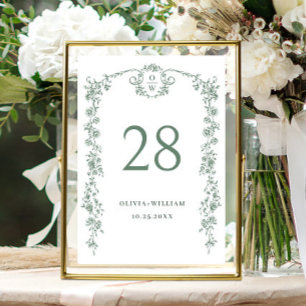 Victorian Ornate Grace Floral Sage Green Wedding Table Number