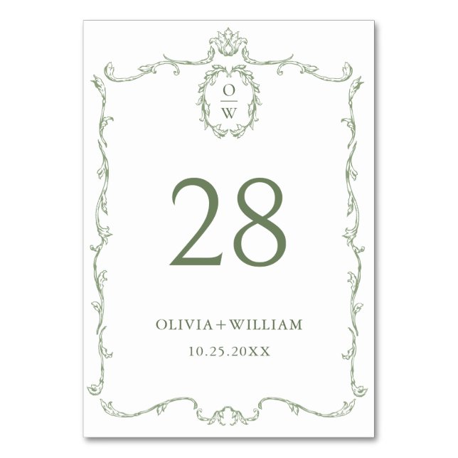 Victorian Ornate Grace Floral Sage Green Wedding Table Number (Front)
