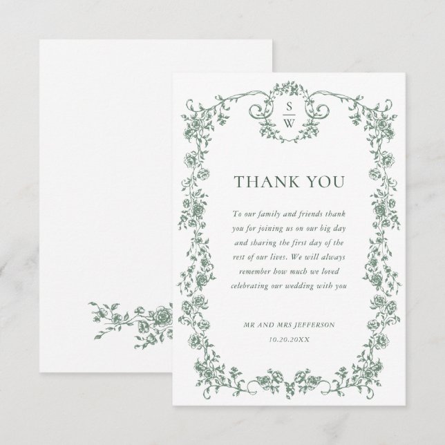 Victorian Ornate Grace Floral Sage Green Wedding Thank You Card (Front/Back)