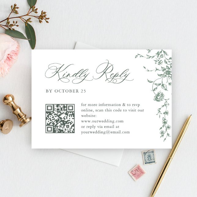 Victorian Ornate Grace Floral Sage QR code Wedding RSVP Card (Creator Uploaded)