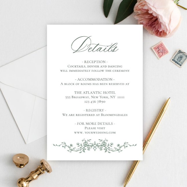 Victorian Ornate Grace Floral Sage Wedding Details Enclosure Card (Creator Uploaded)